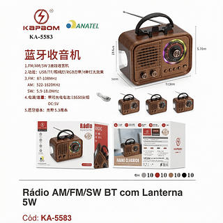 Rádio com Relógio Bluetooth com 3 lanterna 5W