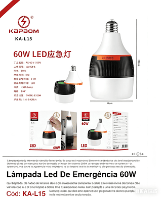 ￼Lâmpada de Emergência LED 60W Bivolt – Dura 6h sem Energia, Portátil, Recarregável