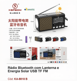Rádio Bluetooth com Lanterna e Energia Solar USB TF FM