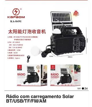Rádio com Carregamento Solar USB/BT/FM/AM/TF